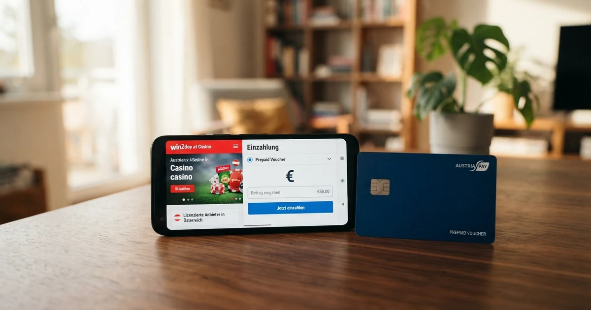 Eine Paysafecard-PIN-Karte mit 16-stelligem Code liegt neben einem Smartphone, auf dessen Display die Kassen-Seite eines Online-Casinos zu sehen ist
