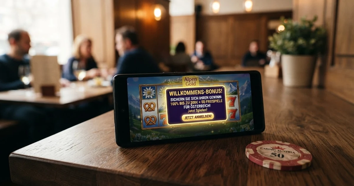 Eine Collage aus Casino-Willkommensbonus-Werbung mit Spielautomaten-Symbolen, Spielkarten und einem Bildschirm, der ein Bonus-Popup mit Prozentangabe und Sternen zeigt