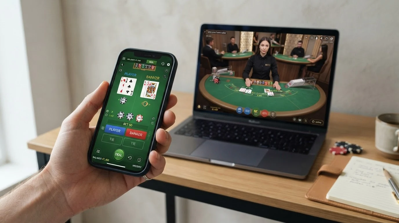 Eine Collage aus Online-Casino-Startseiten und Live-Dealer-Bildschirmen mit Baccarat-Tischen verschiedener Anbieter