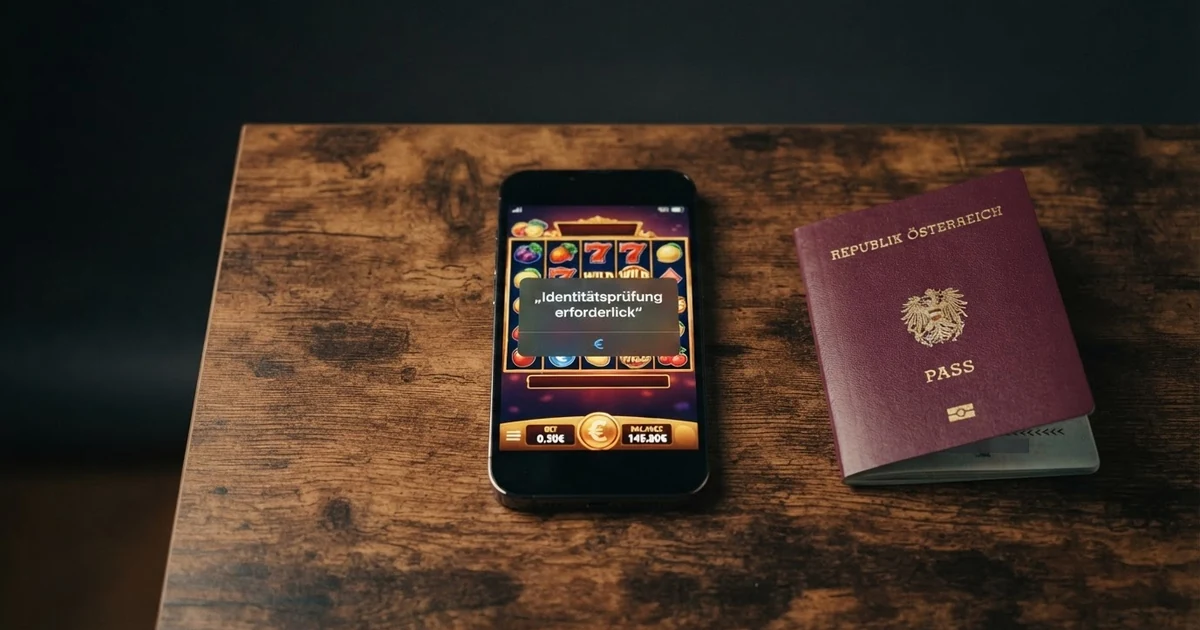 Ein aufgeschlagenes Smartphone mit einer Casino-App-Seite, daneben ein österreichischer Reisepass und ein Hinweisfeld mit der Aufschrift „Identitätsprüfung erforderlich“.