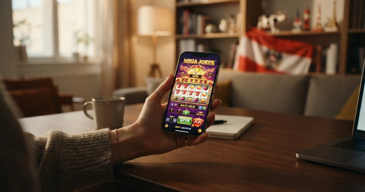 Eine stilisierte Darstellung eines Online-Casino-Bildschirms mit Spieltisch und Einsatzanzeige, im Hintergrund eine österreichische Flagge