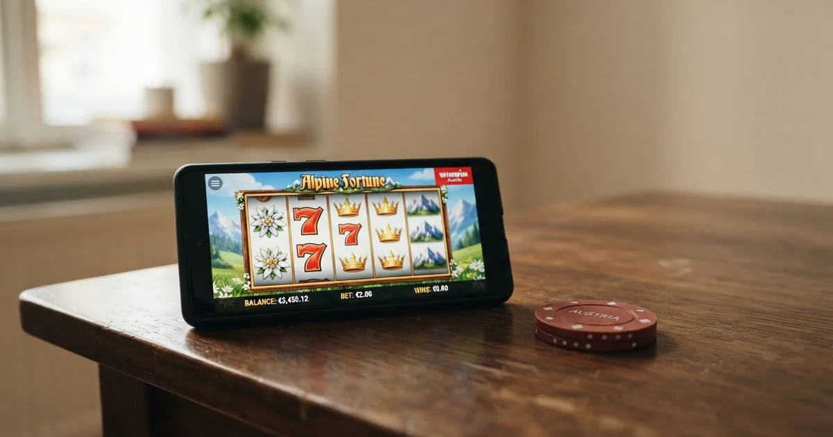 Smartphone mit einem Casino-Slot-Spiel, daneben eine durchgestrichene Stoppuhr vor einer rot-weiß-roten Flagge