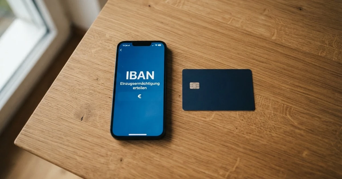 Eine österreichische Bankkarte liegt neben einem Smartphone, auf dessen Display die Eingabemaske „IBAN“ und „Einzugsermächtigung erteilen“ zu sehen ist.