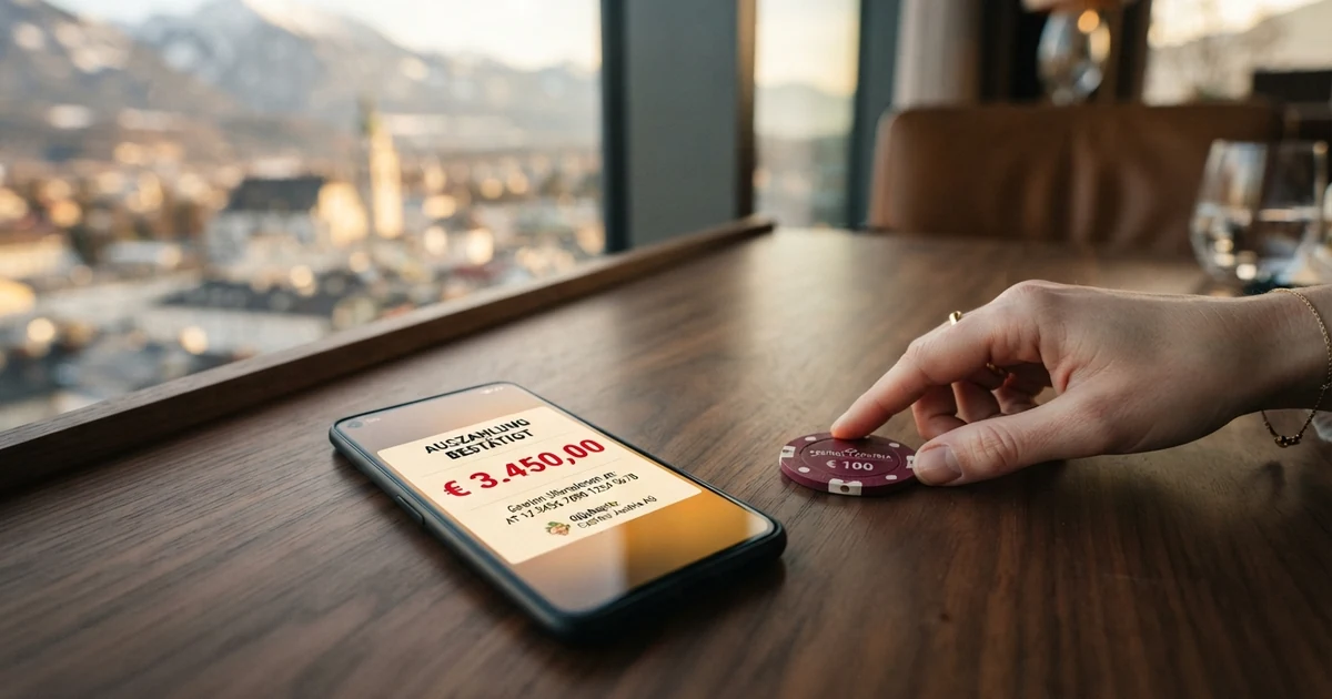 Eine Stoppuhr auf einem Smartphone-Display neben einem Geldschein und einer Kreditkarte, die den Moment der Casino-Auszahlung symbolisieren.