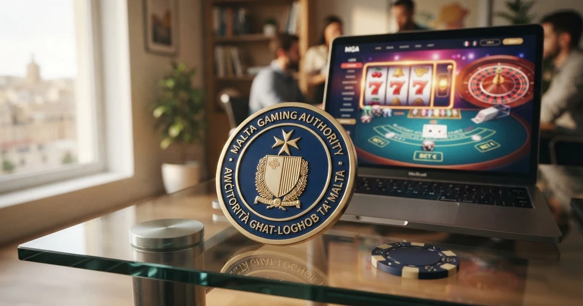 Das offizielle Siegel der Malta Gaming Authority auf einem Bildschirm mit einer Casino-Oberfläche im Hintergrund