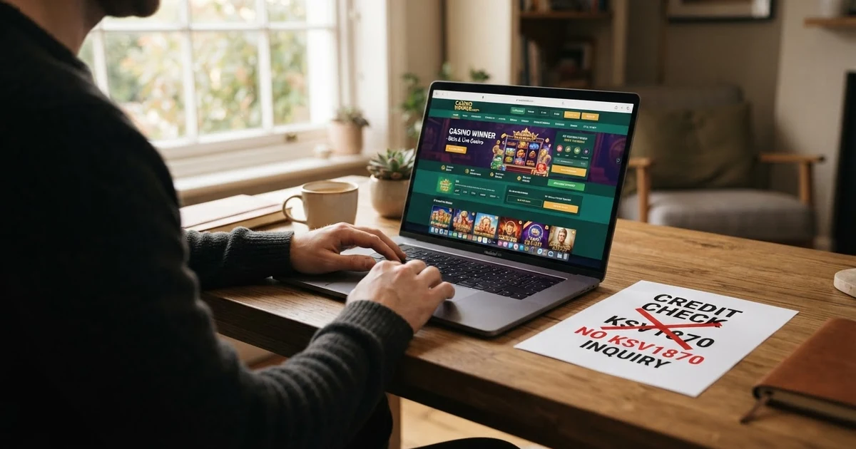 Eine Person sitzt an einem Laptop mit geöffneter Casino-Website, im Hintergrund ein durchgestrichenes Dokument-Symbol das für „keine Bonitätsprüfung“ steht