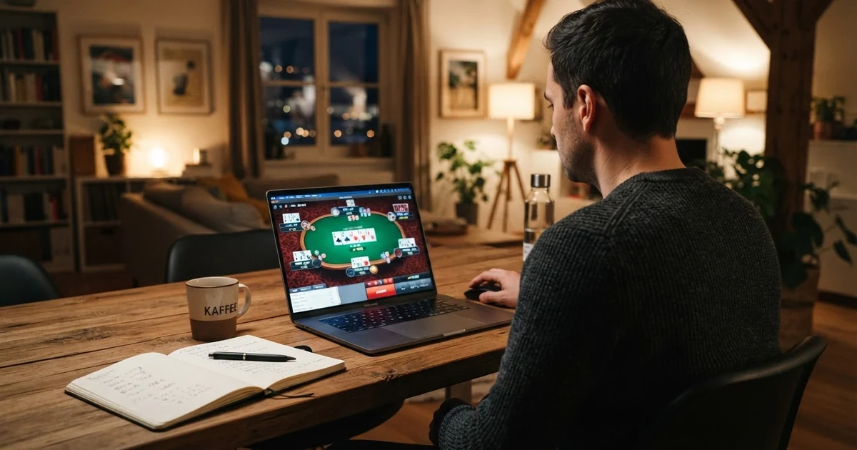 Vergleichstabelle der zehn wichtigsten Online-Poker-Anbieter mit den Spalten Lizenzstatus, Bonus und Software auf einem Bildschirm