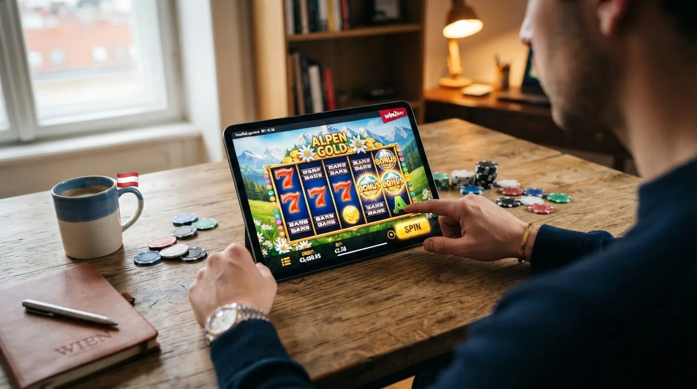 Bildschirm eines beliebten Online-Spielautomaten mit Walzen, Gewinnlinien, Einsatzanzeige und RTP-Wert-Einblendung