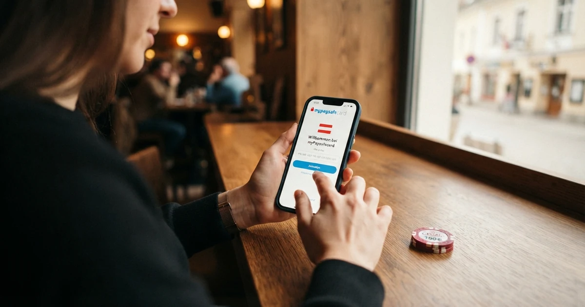Eine Person tippt auf einem Smartphone-Bildschirm die Daten ihres myPaysafecard-Kontos in das Einzahlungsformular eines Online-Casinos ein