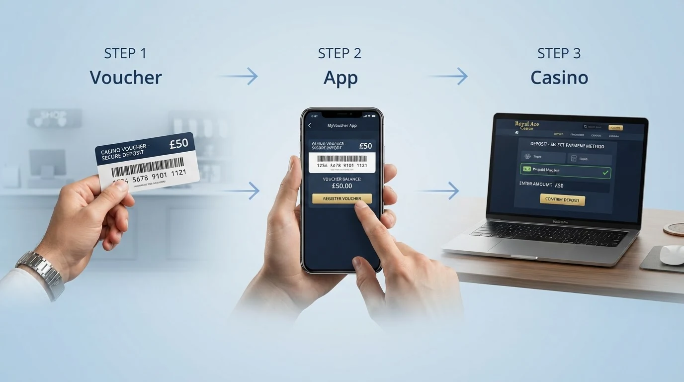 Drei nebeneinander angeordnete Piktogramme: Gutscheinkauf in der Trafik, Smartphone mit myPaysafecard-App, Casino-Kassenbereich mit dem Paysafecard-Logo als Zahlungsoption