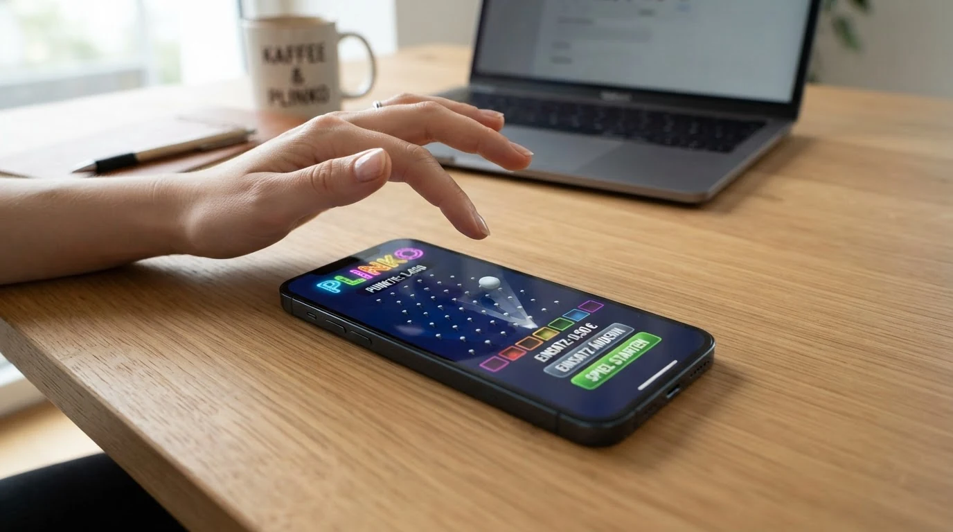 Ein Smartphone im Querformat mit geöffnetem Plinko-Spiel im mobilen Browser, daneben das „Zum Homescreen hinzufügen“-Menü