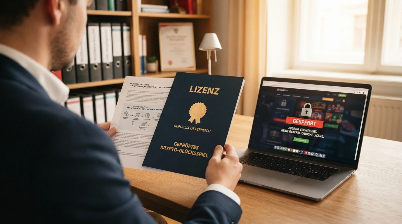 Paragrafenzeichen und ein offizielles Dokument vor einem Bildschirm, der ein Casino-Interface mit gesperrtem Schloss-Symbol zeigt
