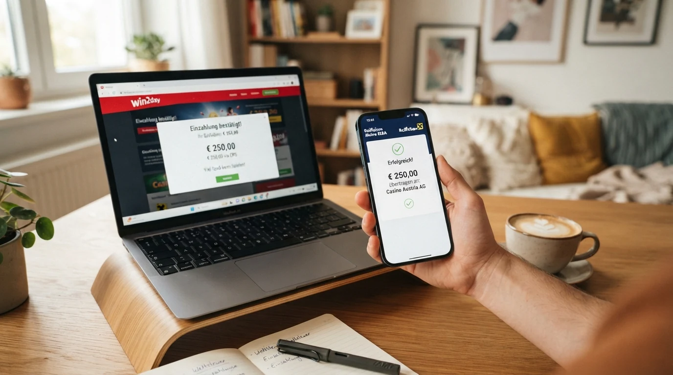 Ein schematischer Ablauf: Revolut-App → Casino-Kasse → Spielguthaben → Gewinn → Auszahlung zurück auf Revolut, mit Zeitangaben an jeder Station