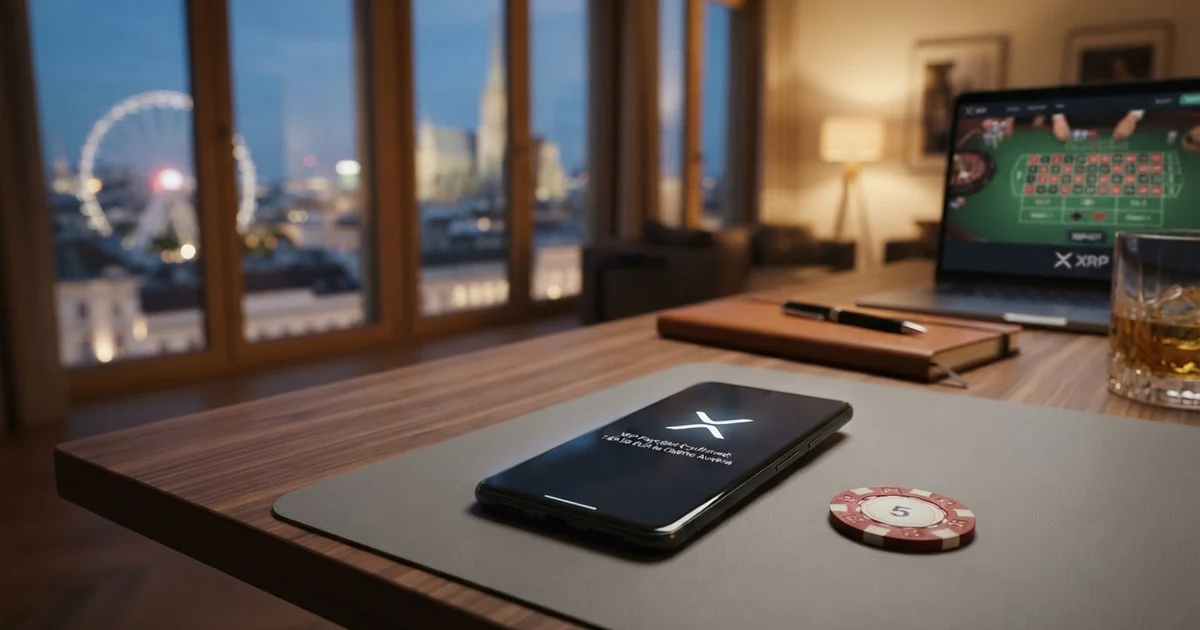 XRP-Logo vor einer stilisierten Casino-Kulisse mit Österreich-Bezug, clean und werbefrei