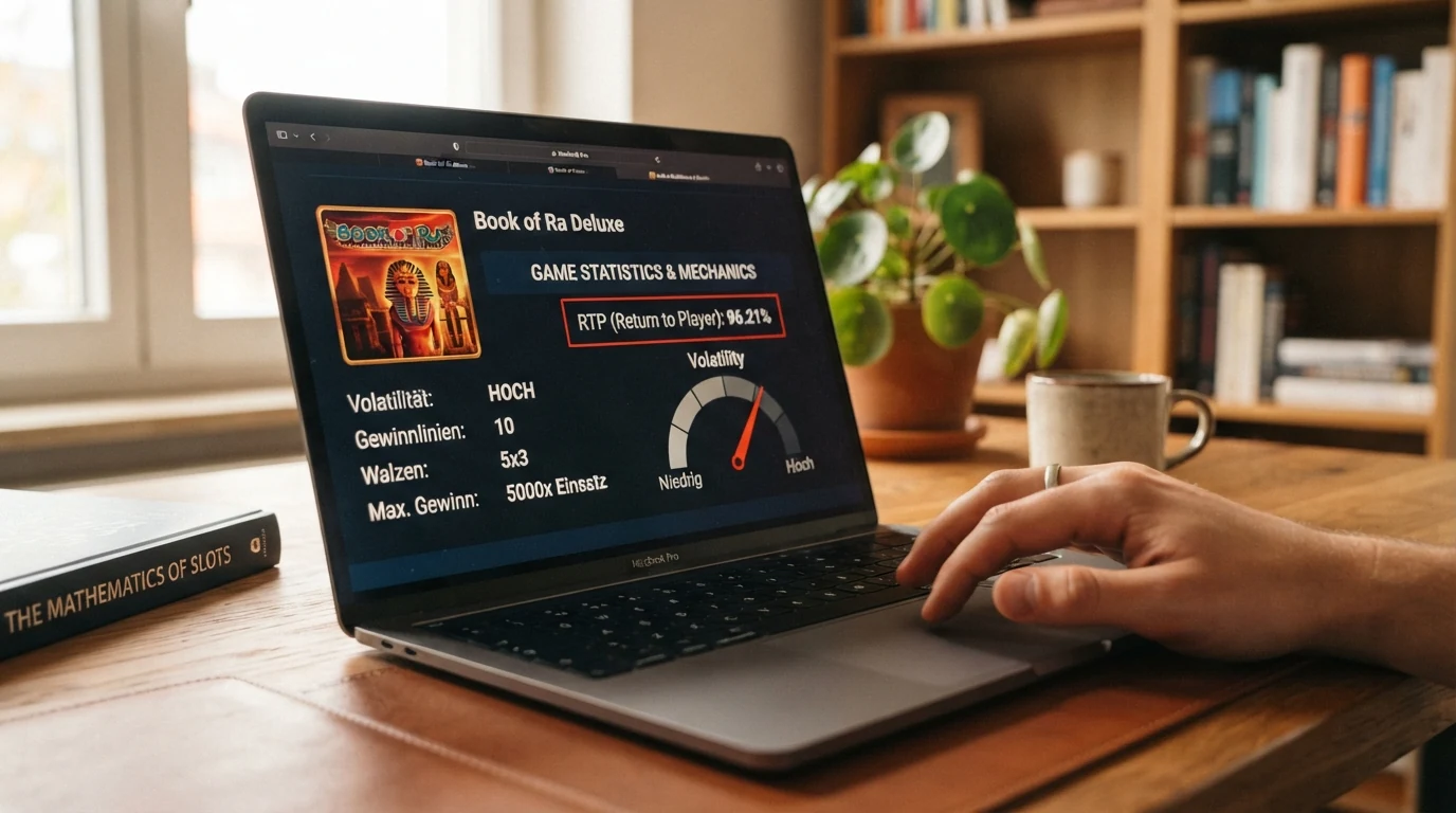 Eine Nahaufnahme der Informationsseite eines Online-Slots mit hervorgehobener RTP-Angabe (96,21 %) und einer grafischen Volatilitätsanzeige