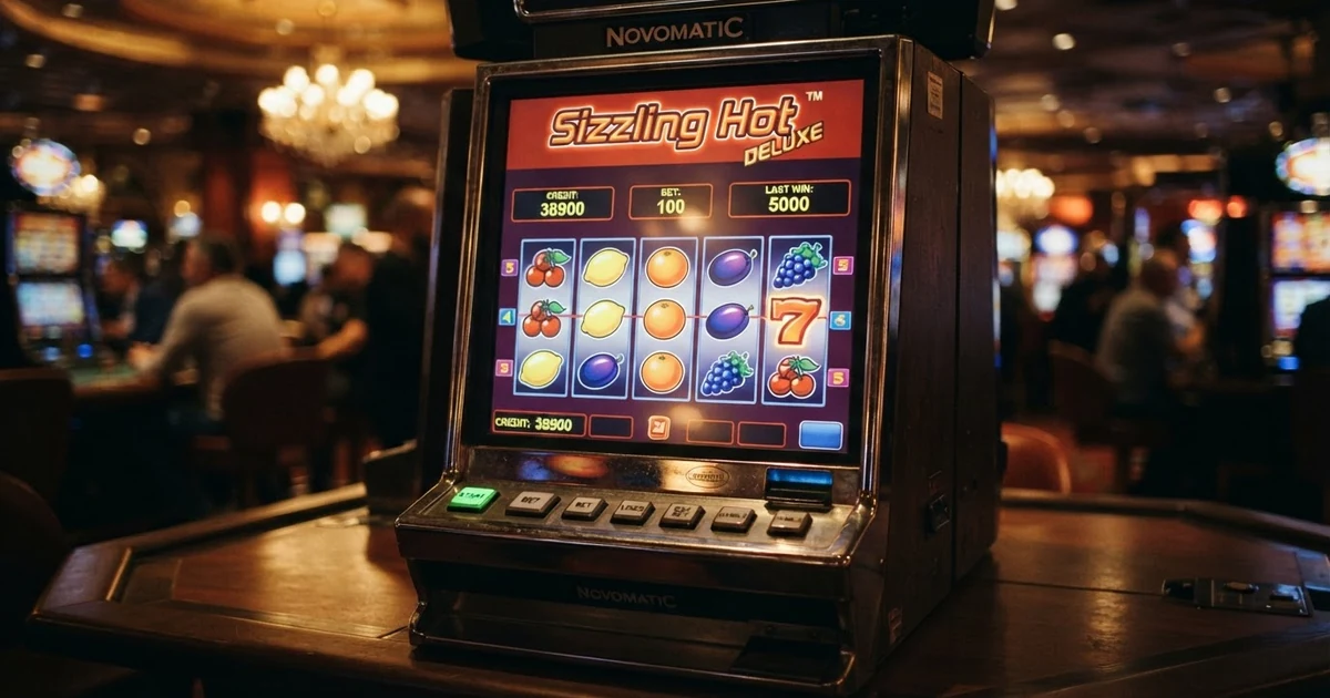 Die fünf Walzen des Sizzling Hot Deluxe Spielautomaten mit den klassischen Fruchtsymbolen Kirschen, Zitronen, Trauben und Orangen sowie der roten Sieben als höchstem Gewinnsymbol