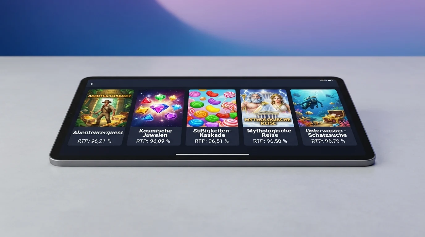 Fünf Spielautomaten-Kacheln — Book of Dead, Starburst, Sweet Bonanza, Gates of Olympus und Razor Shark — auf einem Tablet-Bildschirm, jede mit einer Prozentangabe versehen.