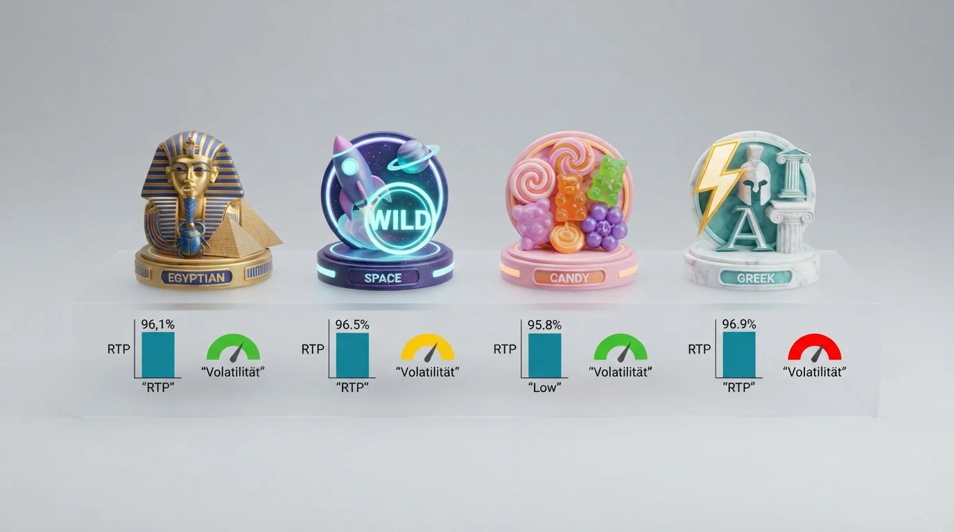 Vier Spielautomaten-Symbole (Book of Dead, Starburst, Sweet Bonanza, Gates of Olympus) mit ihren RTP-Prozentwerten und Volatilitätsbalken in einer übersichtlichen Zeile