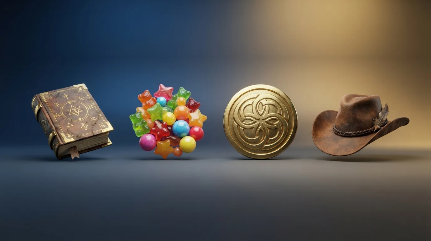 Vier Spielautomaten-Symbole nebeneinander: das Book-of-Dead-Buch, eine bunte Süßigkeit für Sweet Bonanza, eine Goldmünze für Coin Win und ein Cowboyhut für Gold Rush