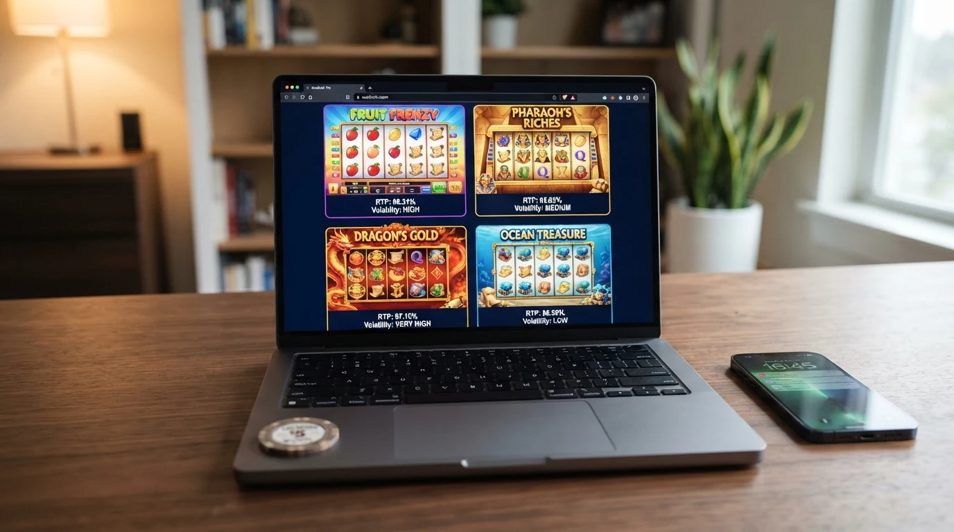 Vier Online-Spielautomaten nebeneinander mit eingeblendeten RTP-Prozentwerten und Volatilitätsangaben