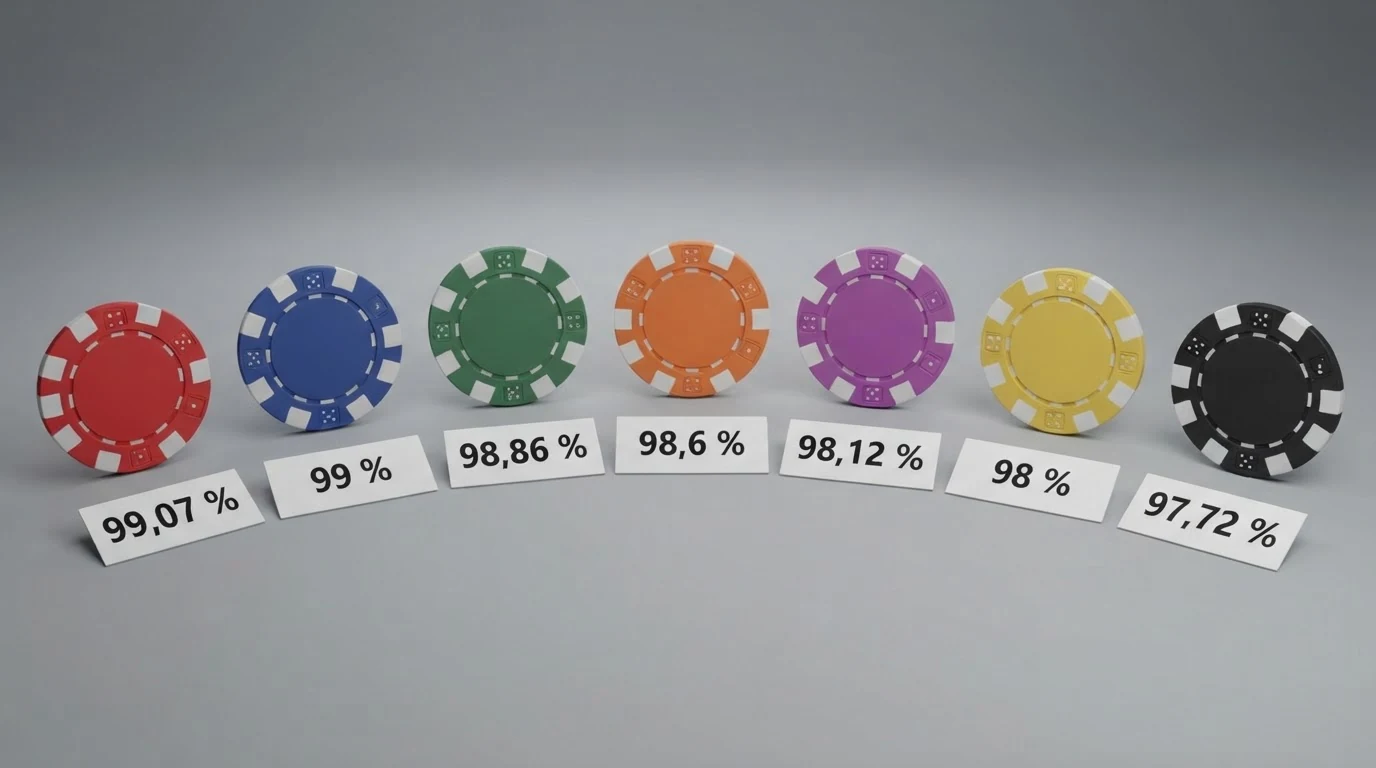 Eine vergleichende Balkengrafik der sieben dokumentierten Hoch-RTP-Slots mit ihren RTP-Prozentwerten, geordnet von Ugga Bugga (99,07 %) bis White Rabbit Megaways (97,72 %), mit Provider-Logo neben jedem Titel