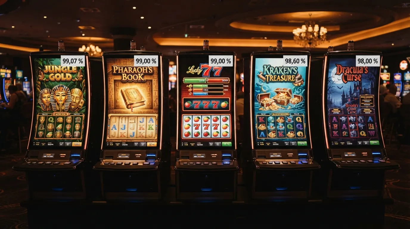 Fünf Slot-Spielfelder (Ugga Bugga, Book of 99, Mega Joker, 1429 Uncharted Seas, Blood Suckers) nebeneinander, mit eingeblendeten RTP-Werten zwischen 98 und 99 Prozent