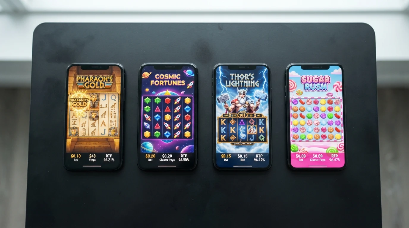 Vier Spielautomaten-Bildschirme nebeneinander: Book of Dead, Starburst, Gates of Olympus und Sweet Bonanza, mit eingeblendeten RTP-Werten