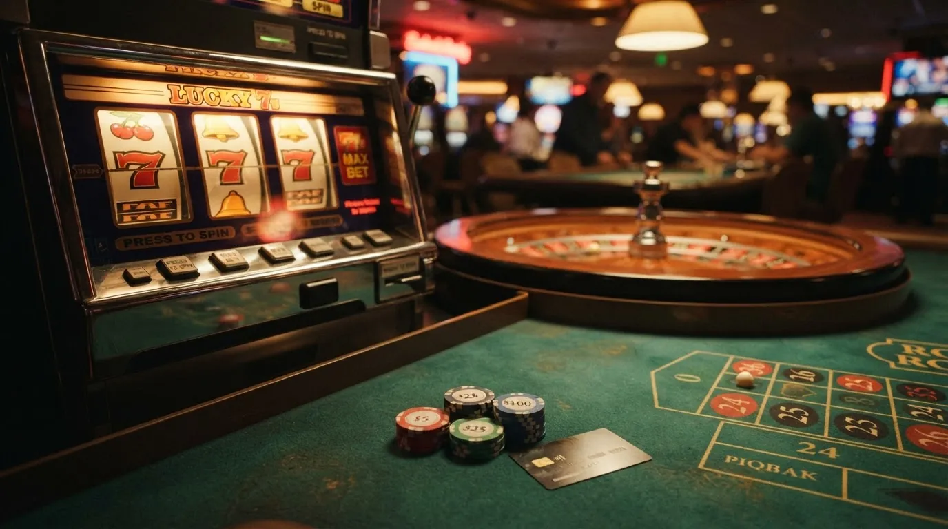 Spielautomat mit Walzen und Roulette-Kessel nebeneinander, davor Casino-Chips mit „Bonus“-Schriftzug