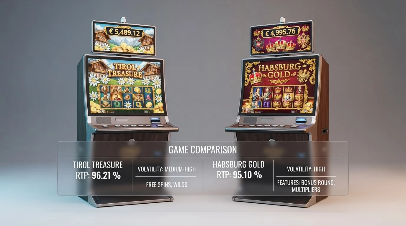 Die Spielautomaten Book of Dead und Book of Ra Deluxe nebeneinander auf einem Bildschirm, darunter eine eingeblendete Tabelle mit RTP-Werten von 96,21 % und 95,10 %