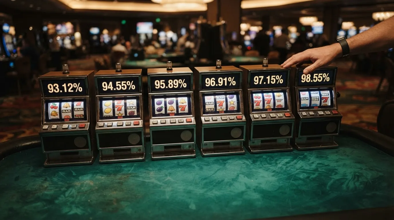 Sechs nebeneinander angeordnete Slot-Spielkarten mit sichtbaren RTP-Prozentwerten, darunter Book of Dead (96,21 %), Gates of Olympus (96,50 %) und Big Bass Bonanza (96,71 %). Kein echtes Casino-Branding.