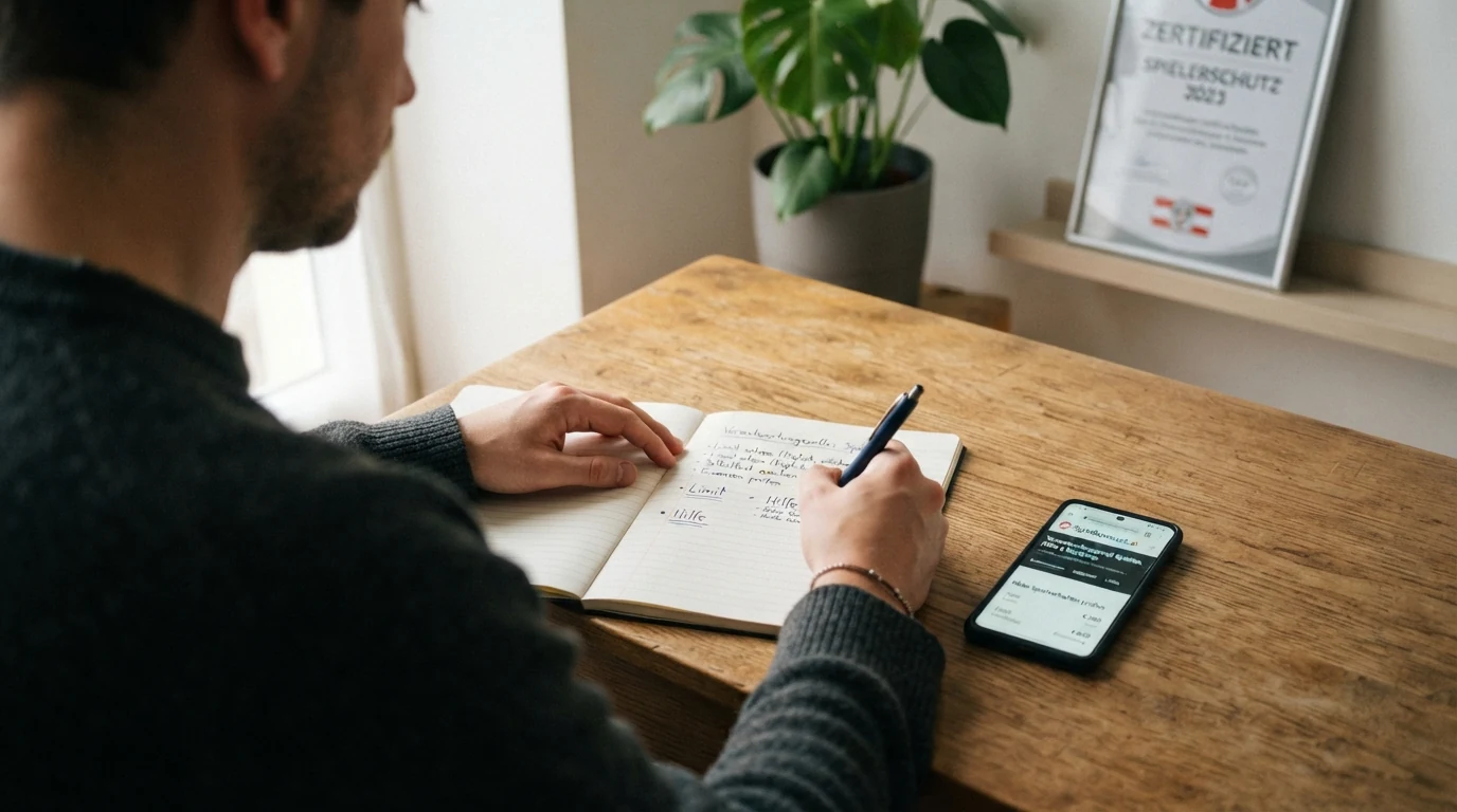 Ein aufgeschlagenes Notizbuch mit handschriftlich notierten Limits neben einem Smartphone mit geöffneter Hilfsangebot-Seite — ruhige, warme Bildsprache, kein Casino-Ambiente