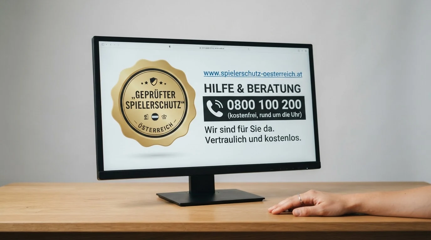 Das Logo der BMF-Stabsstelle für Spielerschutz auf einem Monitor, daneben die URL der offiziellen Hilfsangebote und eine Telefon-Hotline-Symbolik.