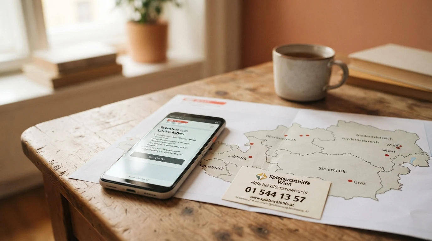 Eine Nahaufnahme eines Smartphones mit geöffneter Selbsttest-Seite des BMF, daneben eine Karte mit Beratungsstellen in den Bundesländern