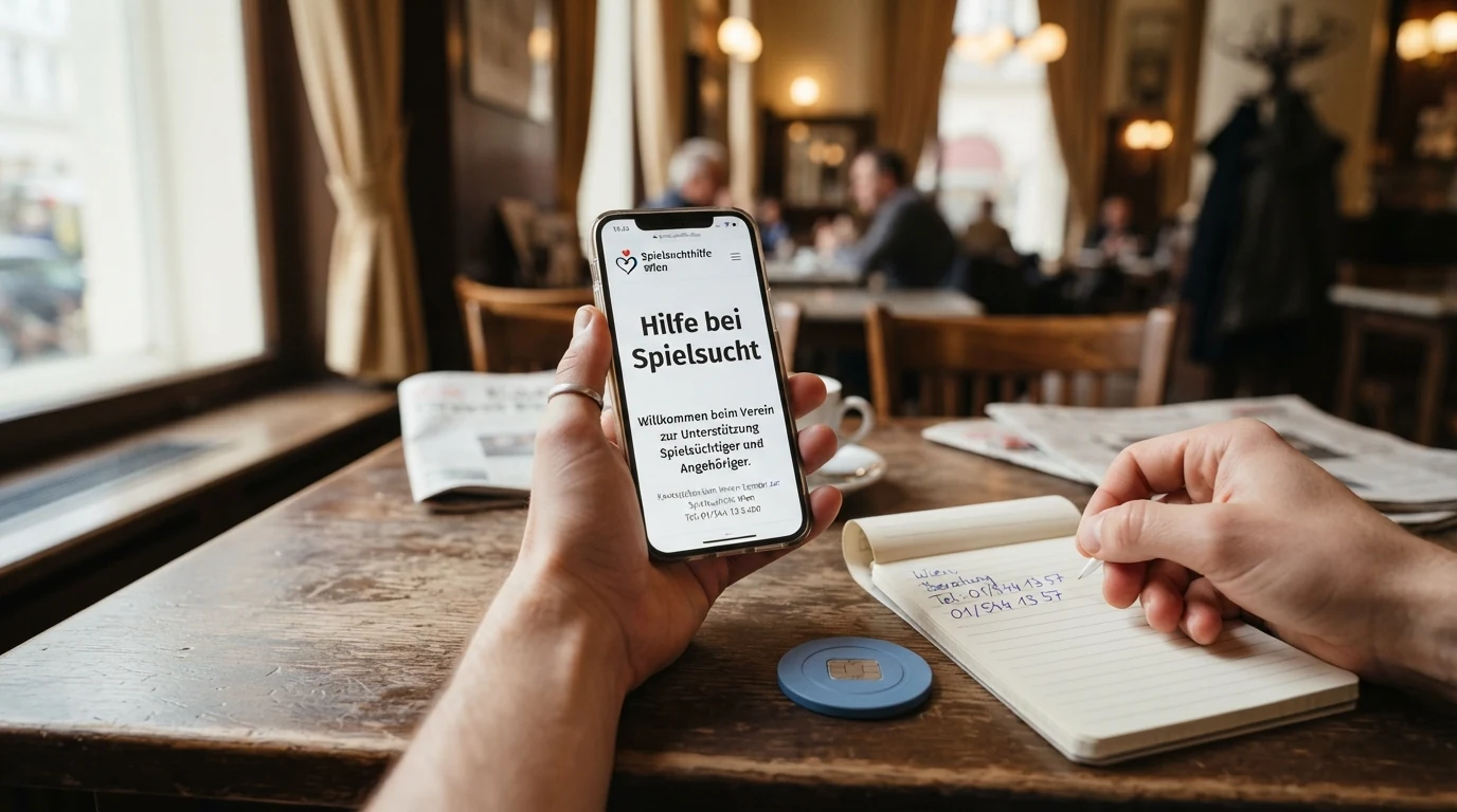 Eine Übersichtskarte Österreichs mit markierten Hilfsstellen in Wien, Graz und weiteren Städten, daneben die Telefonnummer der Spielsuchthilfe Wien
