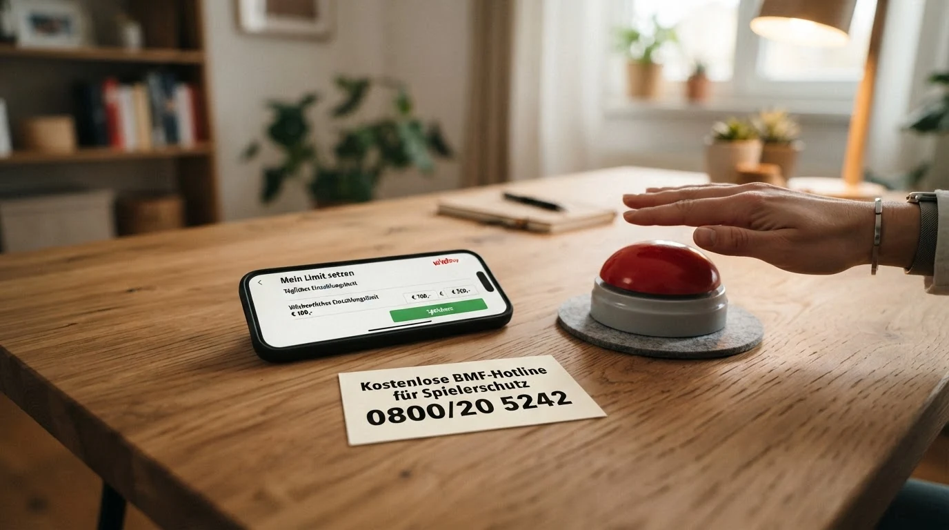 Drei nebeneinander angeordnete Schutzsymbole — ein Limit-Regler, eine Pause-Taste und ein Telefon-Hörer mit Hotline-Nummer