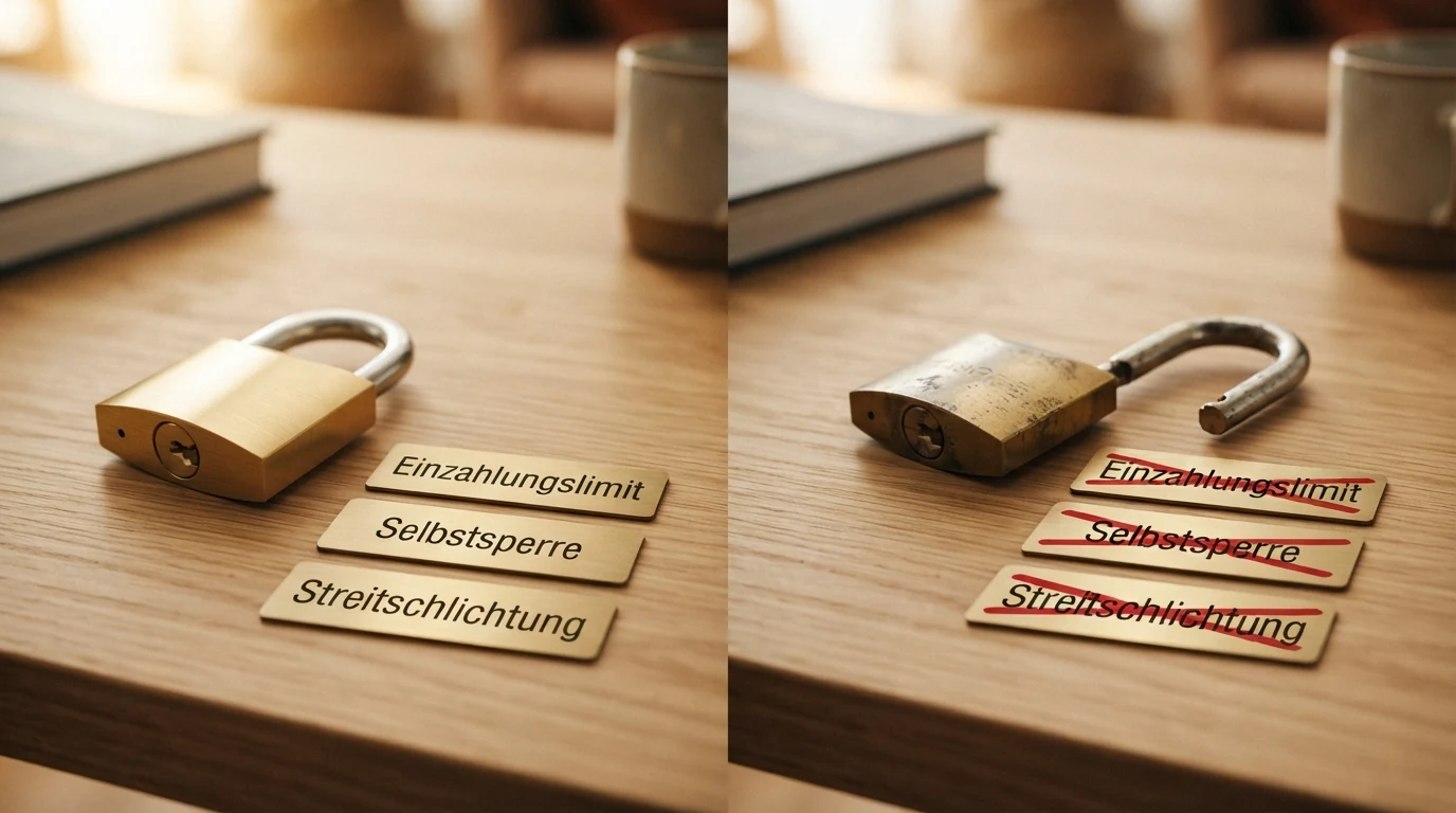 Eine zweigeteilte Grafik: links ein geschlossenes Schloss mit den Labels Einzahlungslimit, Selbstsperre und Streitschlichtung, rechts ein offenes Schloss mit denselben, aber durchgestrichenen Labels.