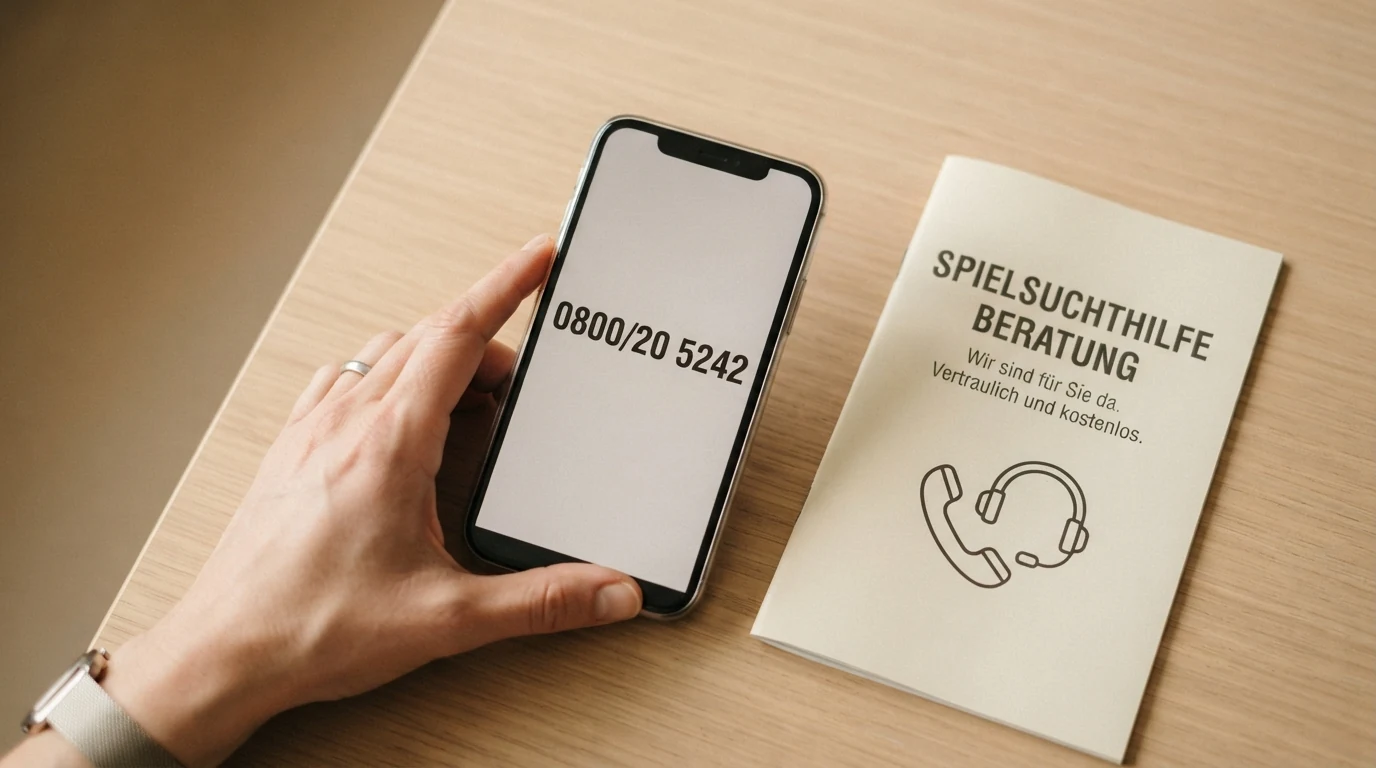 Ein Telefonhörer vor dem österreichischen Wappen, daneben die Nummer 0800/20 5242 und das Wort „Spielsuchthilfe“