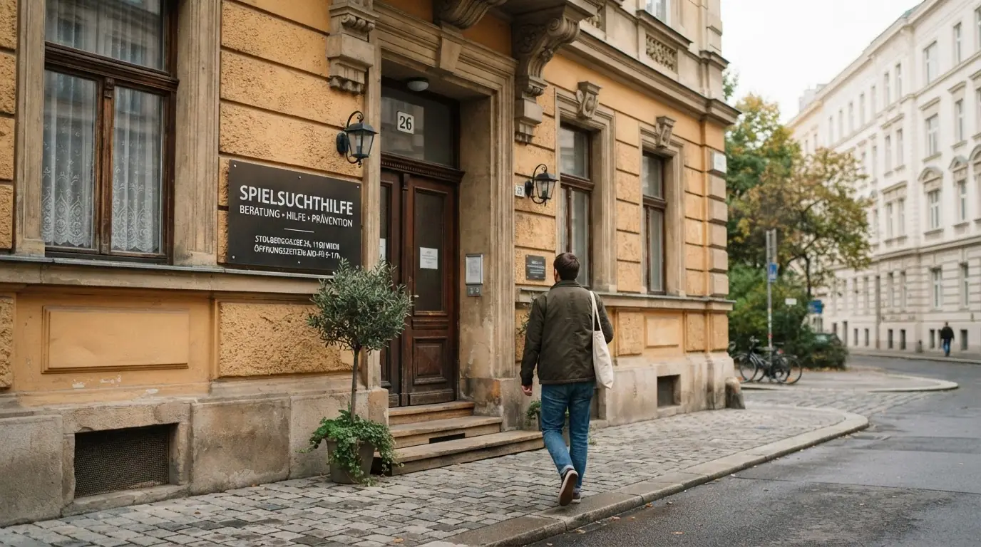 Der Eingang der SPIELSUCHTHILFE in der Stolberggasse 26 in Wien mit sichtbarem Schild der ambulanten Behandlungseinrichtung