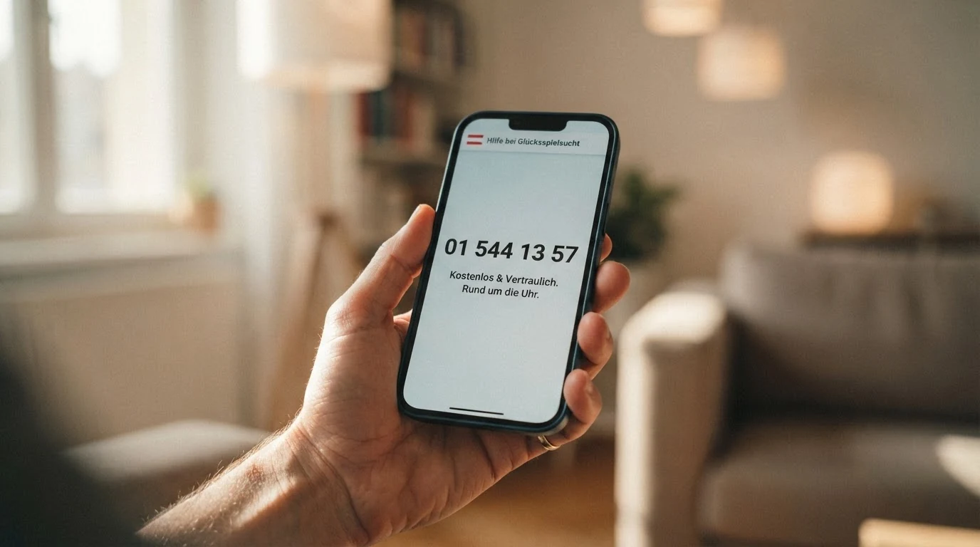 Eine Person hält ein Smartphone in der Hand, auf dem Display ist die Nummer 01 544 13 57 zu sehen, im Hintergrund ein angedeuteter Beratungsraum.