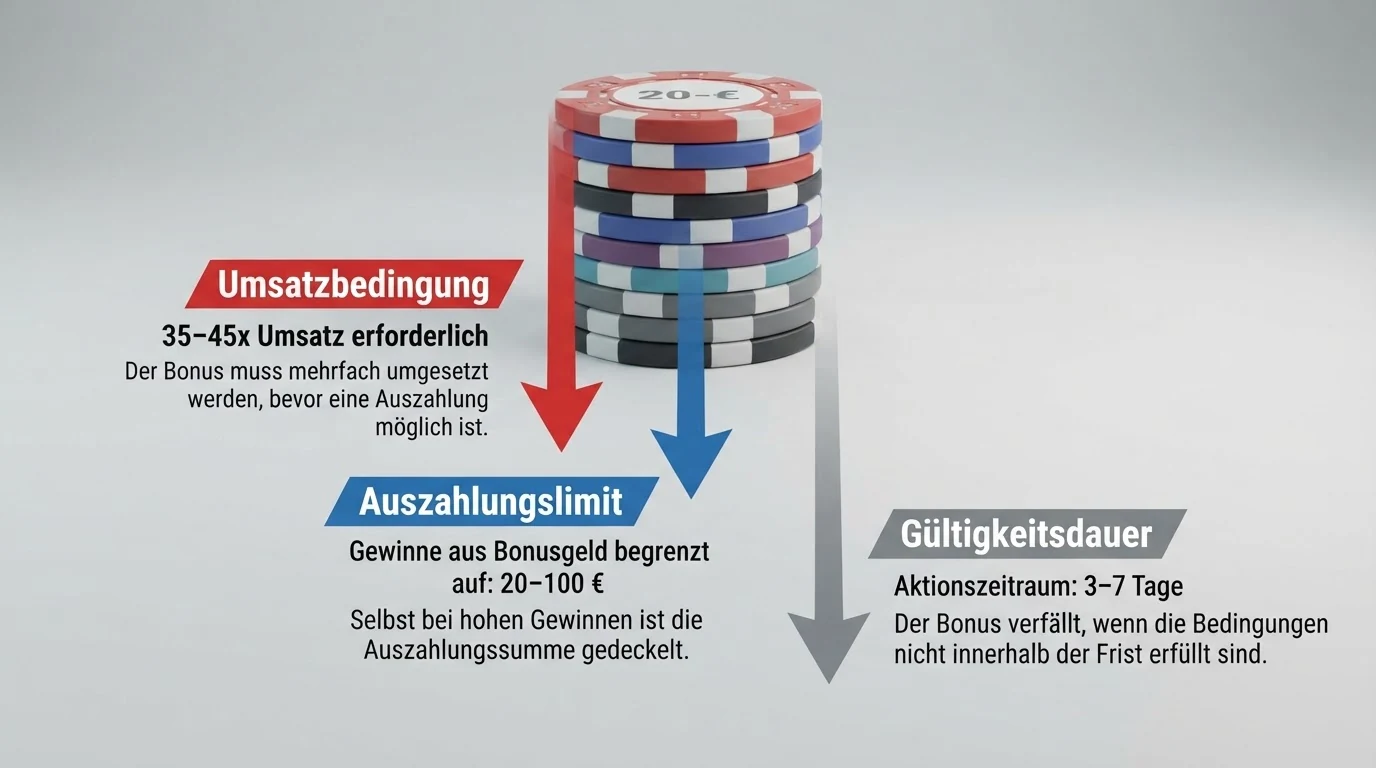 Eine Grafik, die ein 20-Euro-Startguthaben zeigt, das durch drei farblich markierte Hürden — Umsatzbedingung (35–45x), Auszahlungslimit (20–100 €) und Ablaufdatum (3–7 Tage) — schrittweise auf einen geringeren auszahlbaren Betrag reduziert wird.