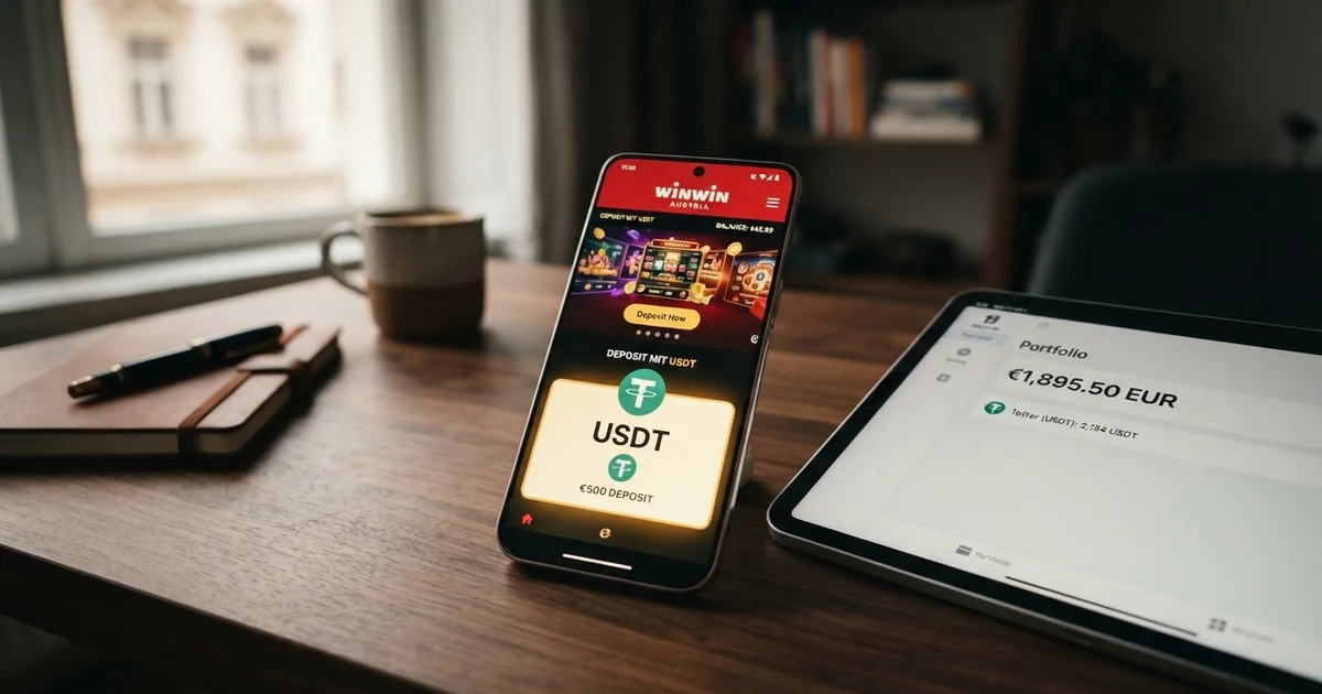 Eine Nahaufnahme eines Smartphone-Bildschirms mit einer Casino-Oberfläche, auf der das Tether-USDT-Logo als Zahlungsmethode hervorgehoben ist, daneben eine Krypto-Wallet-App