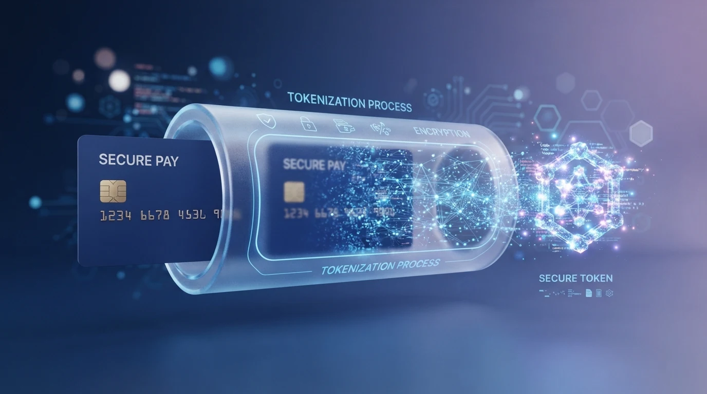 Schematische Darstellung: Eine Kreditkarte wird durch einen Tunnel (Tokenisierung) in einen einmaligen Zahlungscode verwandelt, der beim Casino ankommt — die Kartendaten bleiben vor dem Tunnel