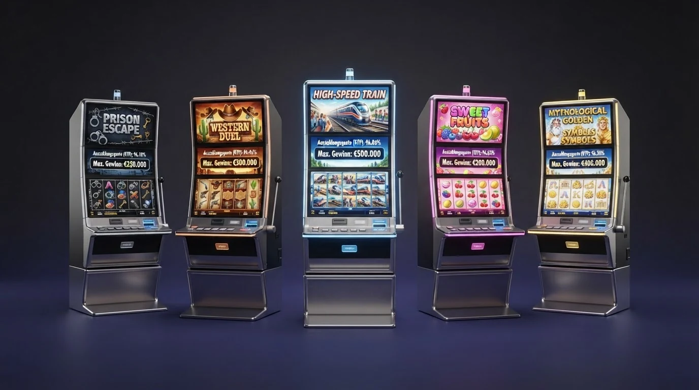 Eine Übersichtsgrafik, die mehrere bekannte Bonus-Buy-Slot-Titel mit ihren RTP-Werten und maximalen Gewinnpotenzialen nebeneinanderstellt.