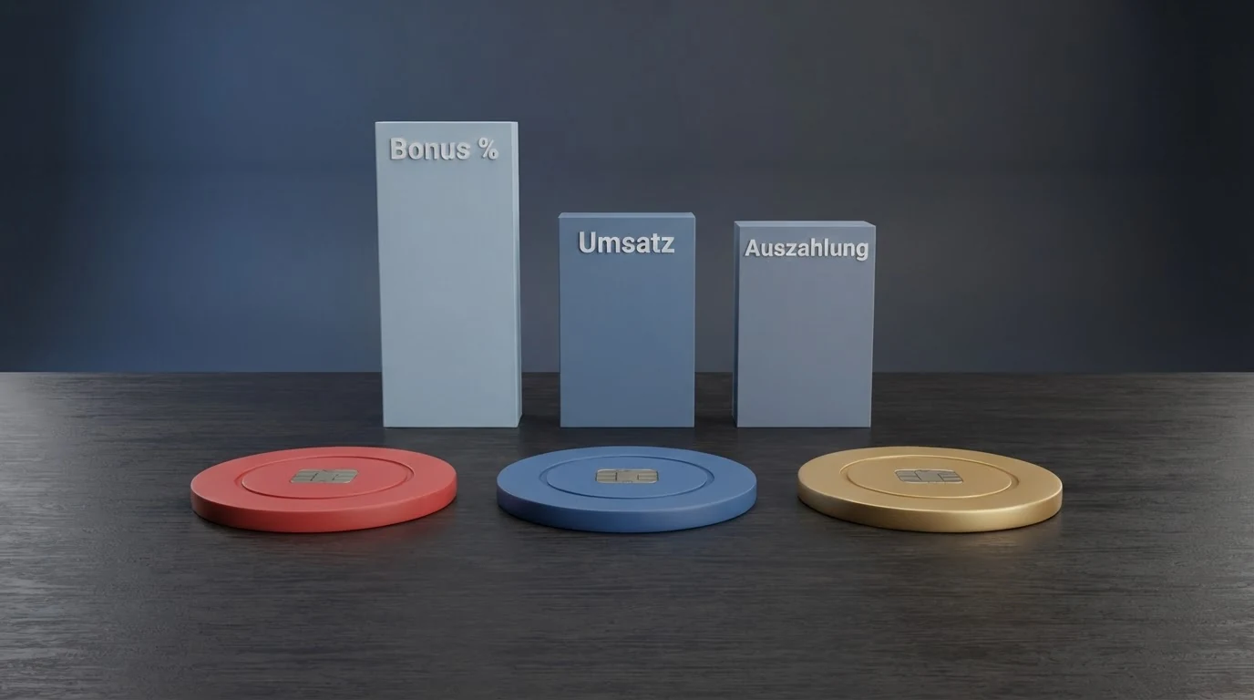 Vergleichstabelle mit Casino-Logos, Bonus-Prozentsätzen und farblich markierten Unterschieden bei Mindesteinzahlung und Umsatzbedingungen