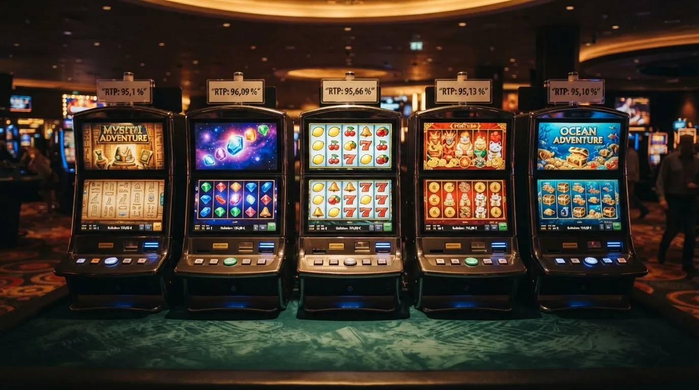 Fünf beliebte Spielautomaten mit ihren recherchierten Auszahlungsquoten: Book of Ra Deluxe, Starburst, Sizzling Hot Deluxe, Lucky Lady's Charm Deluxe und Lord of the Ocean