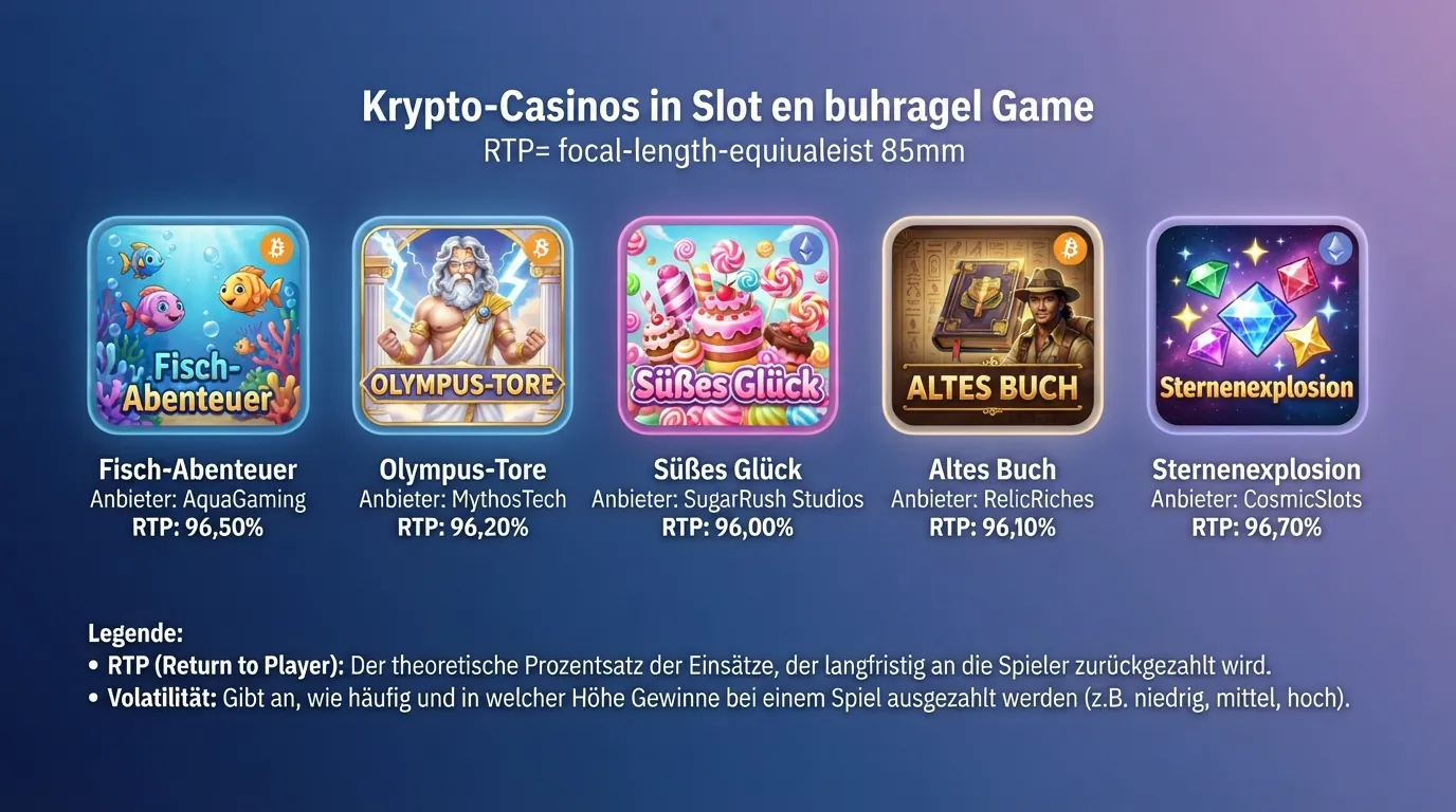 Fünf Spielautomaten-Thumbnails mit farblich abgestuften RTP-Balken von 96,09 % bis 96,71 %
