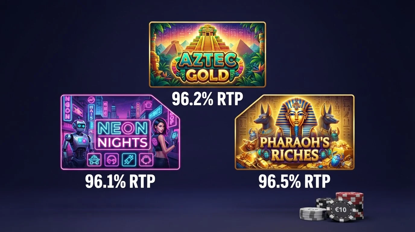 Eine Collage der Slot-Cover von Book of Dead, Starburst und Gates of Olympus mit eingeblendeten RTP-Prozentwerten und der €30-Budgetangabe