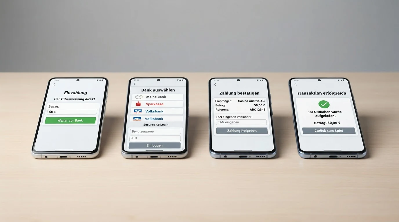 Schematische Darstellung der vier Schritte einer Trustly-Einzahlung: Casino-Kasse, Bank-Login, Zahlungsfreigabe, Spielguthaben