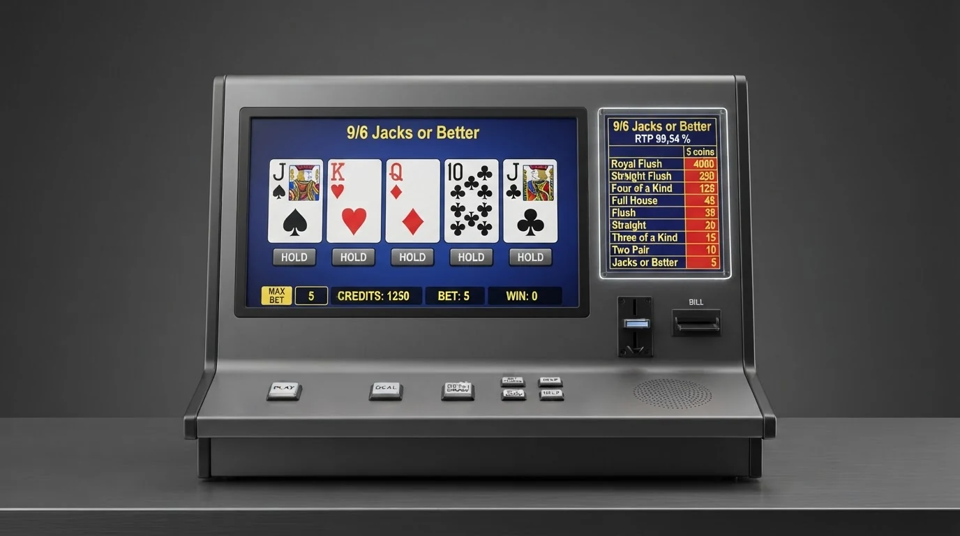 Video-Poker-Spielfeld mit fünf aufgedeckten Karten und einer Auszahlungstabelle neben dem Bildschirm