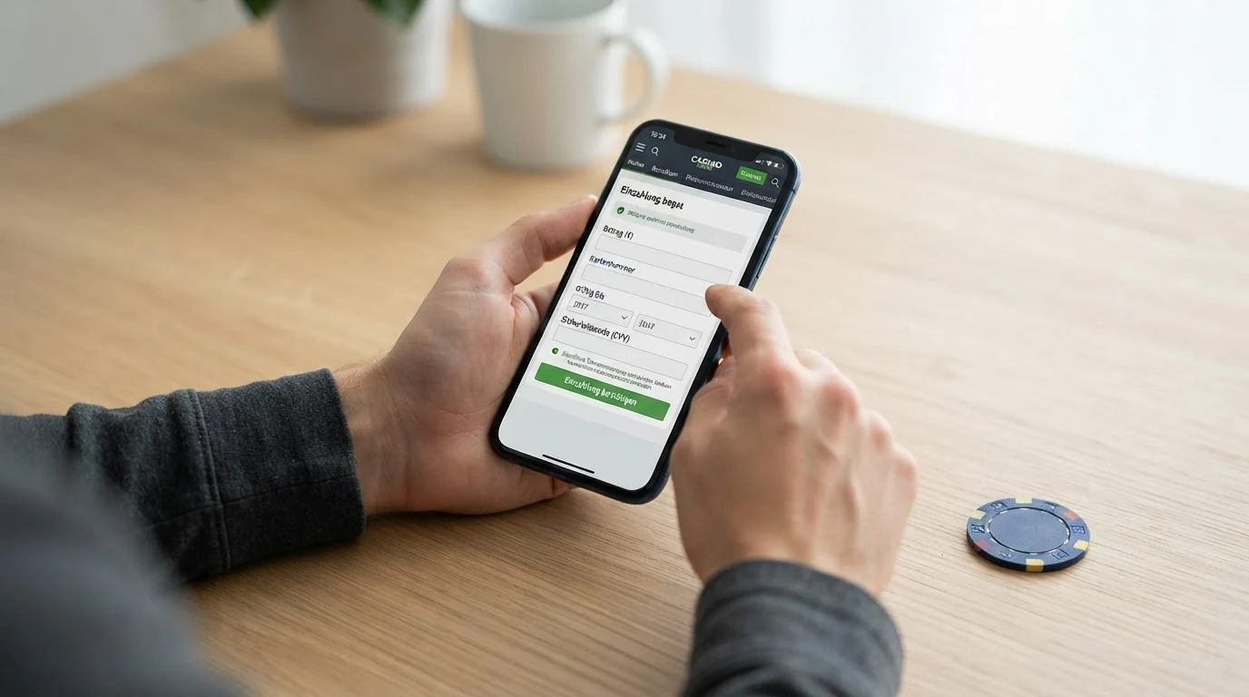 Nahaufnahme eines Smartphone-Bildschirms mit dem Visa-Einzahlungsdialog eines Online Casinos: Betragsfeld, Kartennummernfeld und 3D-Secure-Bestätigung